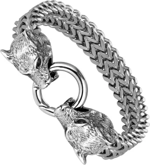 Bold Mens Biker Bracelet  Skull, Wolf, and Foxtail Chain Designs in Polished Silver & Black Genuine Leather  Rust & Discoloration Resistant Stainless Steel  Jewelry Gift or Accessory for Men