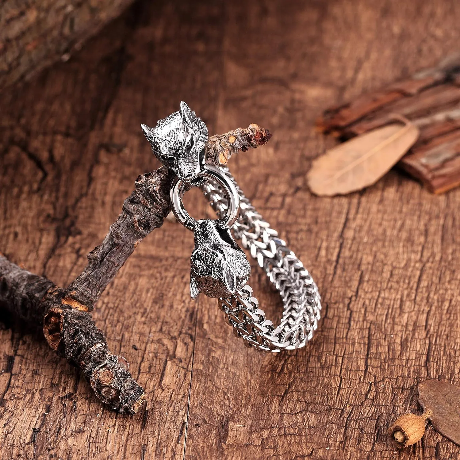 Bold Mens Biker Bracelet  Skull, Wolf, and Foxtail Chain Designs in Polished Silver & Black Genuine Leather  Rust & Discoloration Resistant Stainless Steel  Jewelry Gift or Accessory for Men