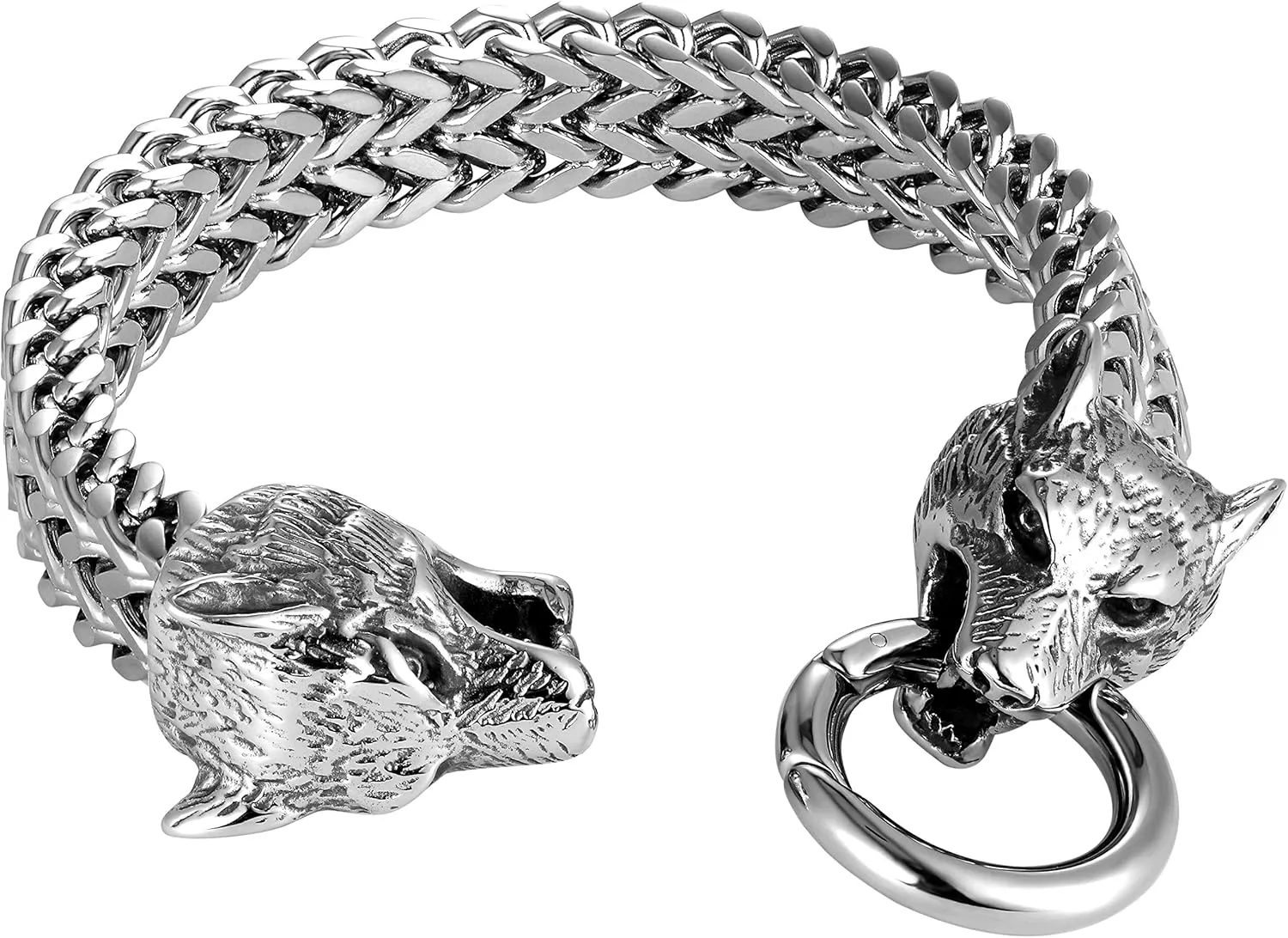 Bold Mens Biker Bracelet  Skull, Wolf, and Foxtail Chain Designs in Polished Silver & Black Genuine Leather  Rust & Discoloration Resistant Stainless Steel  Jewelry Gift or Accessory for Men
