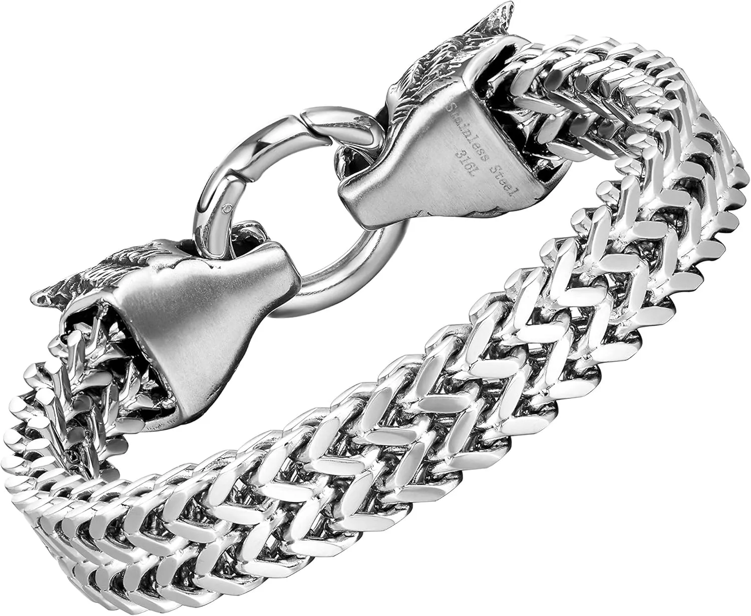 Bold Mens Biker Bracelet  Skull, Wolf, and Foxtail Chain Designs in Polished Silver & Black Genuine Leather  Rust & Discoloration Resistant Stainless Steel  Jewelry Gift or Accessory for Men