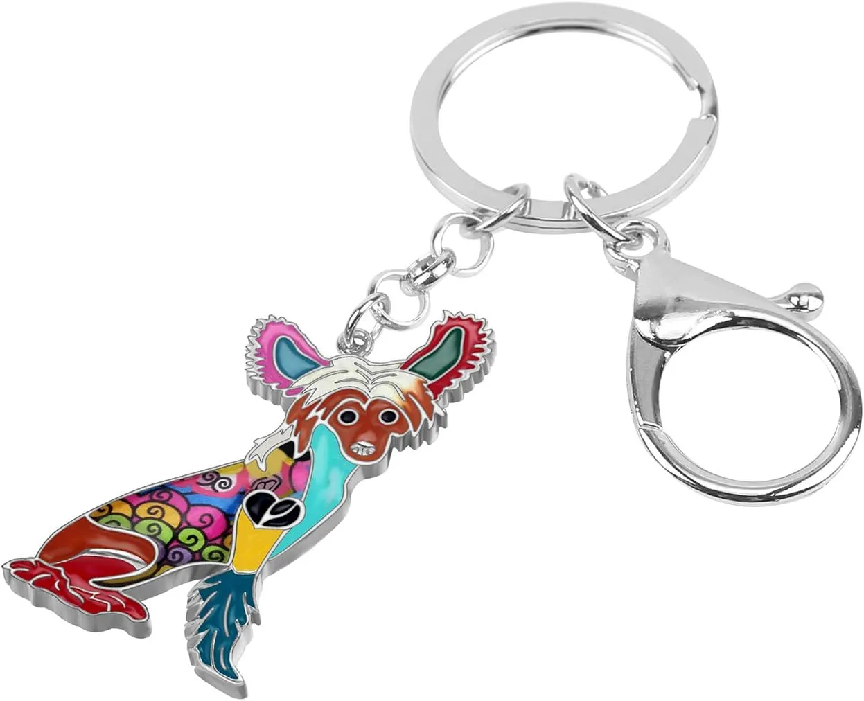 BONSNY Enamel Metal Heart Rhinestone Chinese Crested Dog Key Chains For Women Kids Car Purse bag Rings Charms Pets Gift