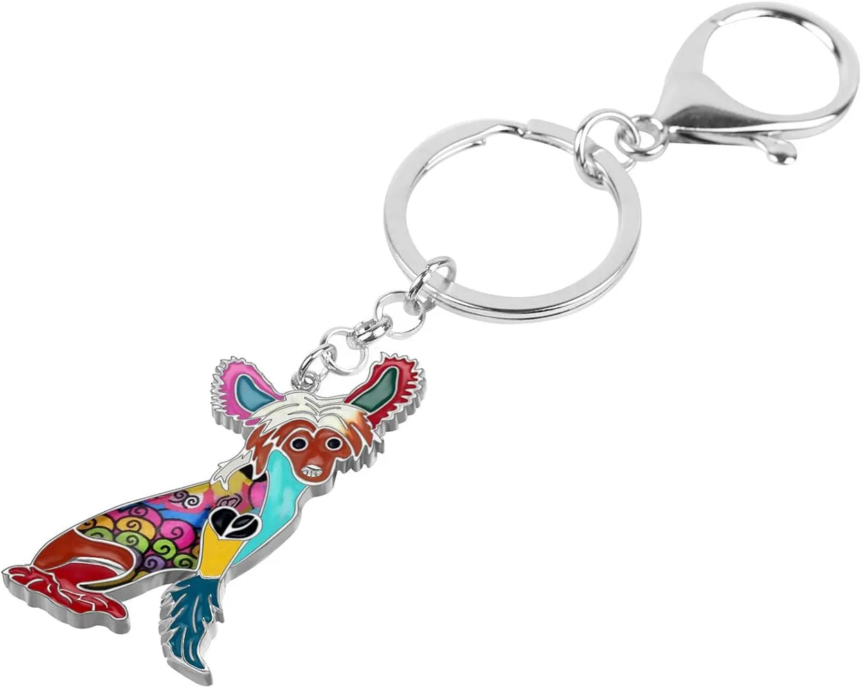 BONSNY Enamel Metal Heart Rhinestone Chinese Crested Dog Key Chains For Women Kids Car Purse bag Rings Charms Pets Gift