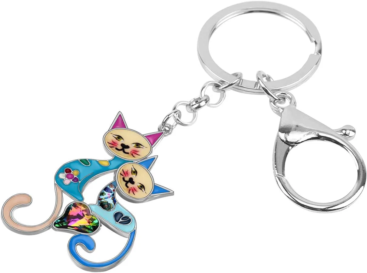 BONSNY Enamel Metal Heart Rhinestone Couple Love Cat Key Chains For Women Girl Car Purse bag Rings Charms Pets Gift