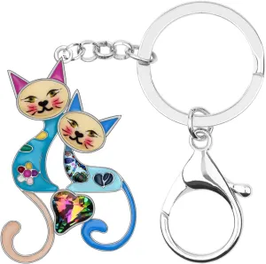 BONSNY Enamel Metal Heart Rhinestone Couple Love Cat Key Chains For Women Girl Car Purse bag Rings Charms Pets Gift