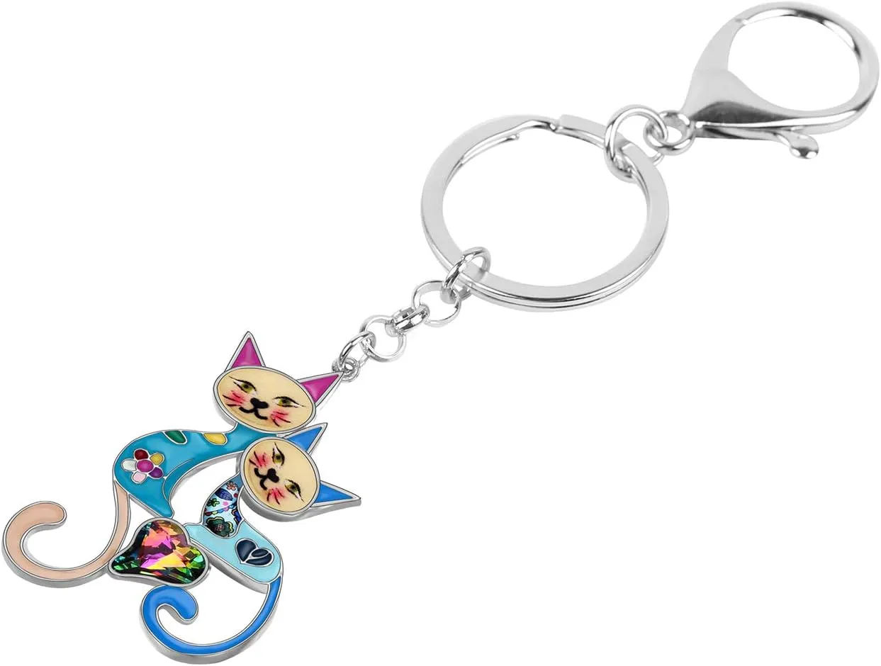 BONSNY Enamel Metal Heart Rhinestone Couple Love Cat Key Chains For Women Girl Car Purse bag Rings Charms Pets Gift
