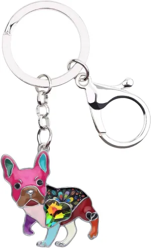 BONSNY Enamel Metal Heart Rhinestone French Bulldog Key Chains For Women Kids Car Purse bag Rings Charms Pets Gift