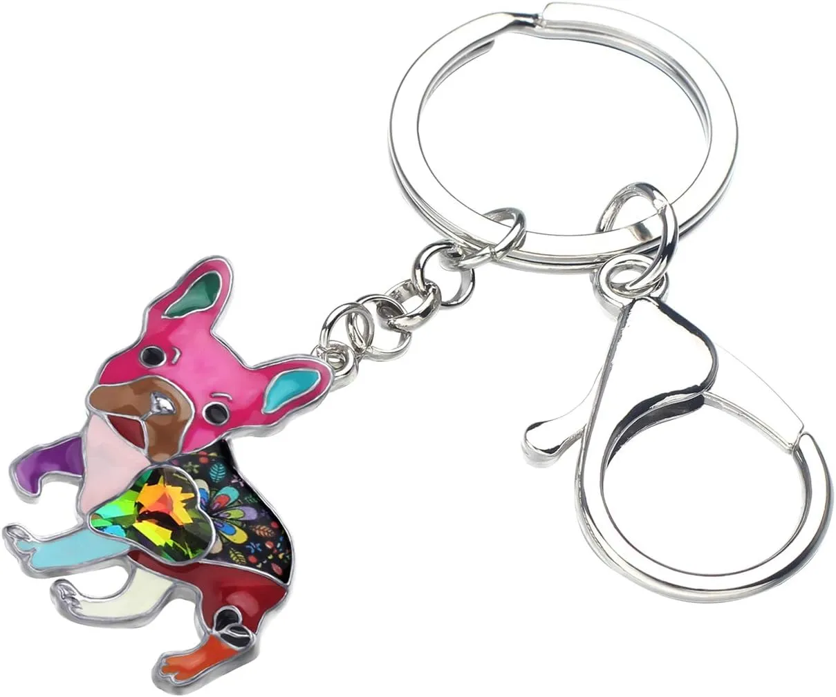 BONSNY Enamel Metal Heart Rhinestone French Bulldog Key Chains For Women Kids Car Purse bag Rings Charms Pets Gift