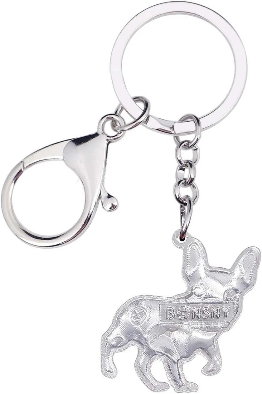 BONSNY Enamel Metal Heart Rhinestone French Bulldog Key Chains For Women Kids Car Purse bag Rings Charms Pets Gift