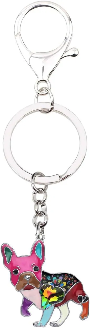 BONSNY Enamel Metal Heart Rhinestone French Bulldog Key Chains For Women Kids Car Purse bag Rings Charms Pets Gift