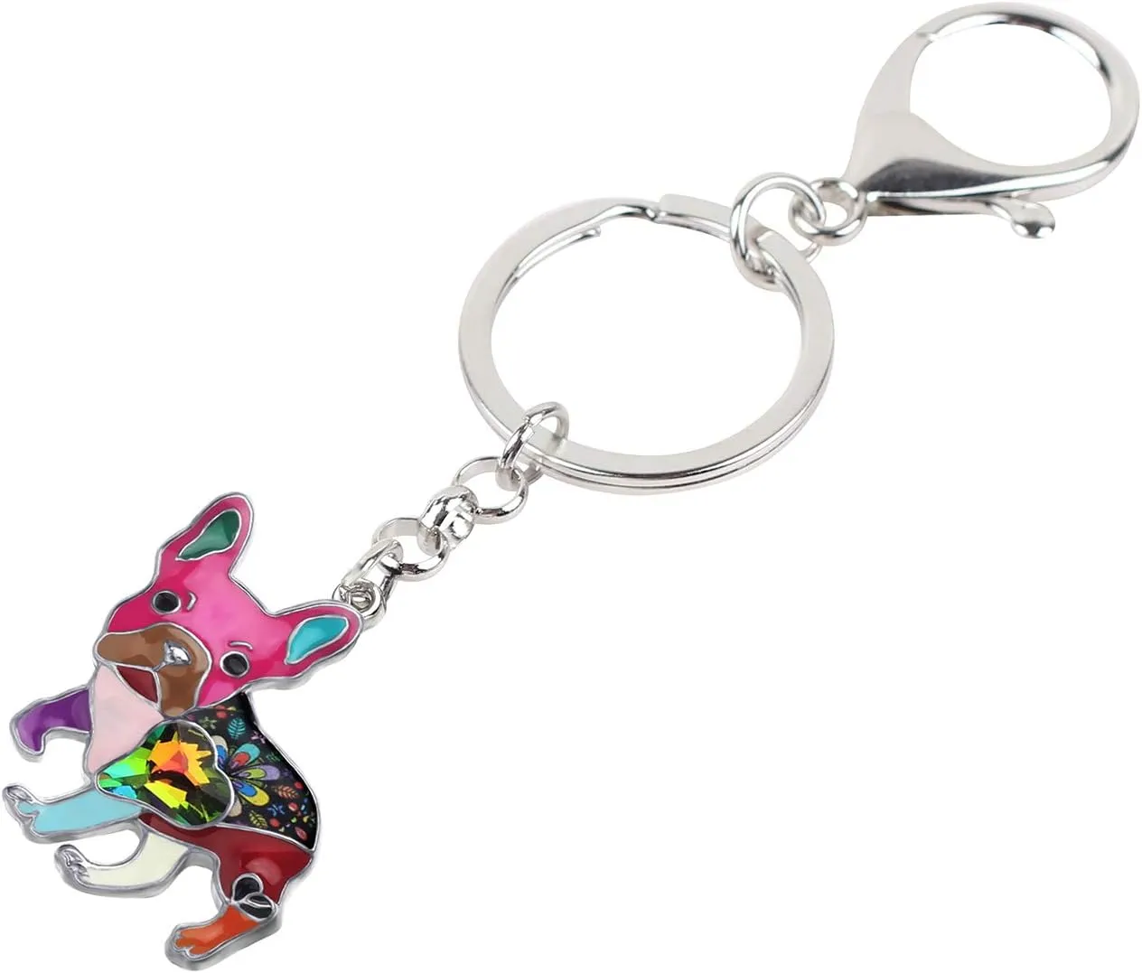 BONSNY Enamel Metal Heart Rhinestone French Bulldog Key Chains For Women Kids Car Purse bag Rings Charms Pets Gift