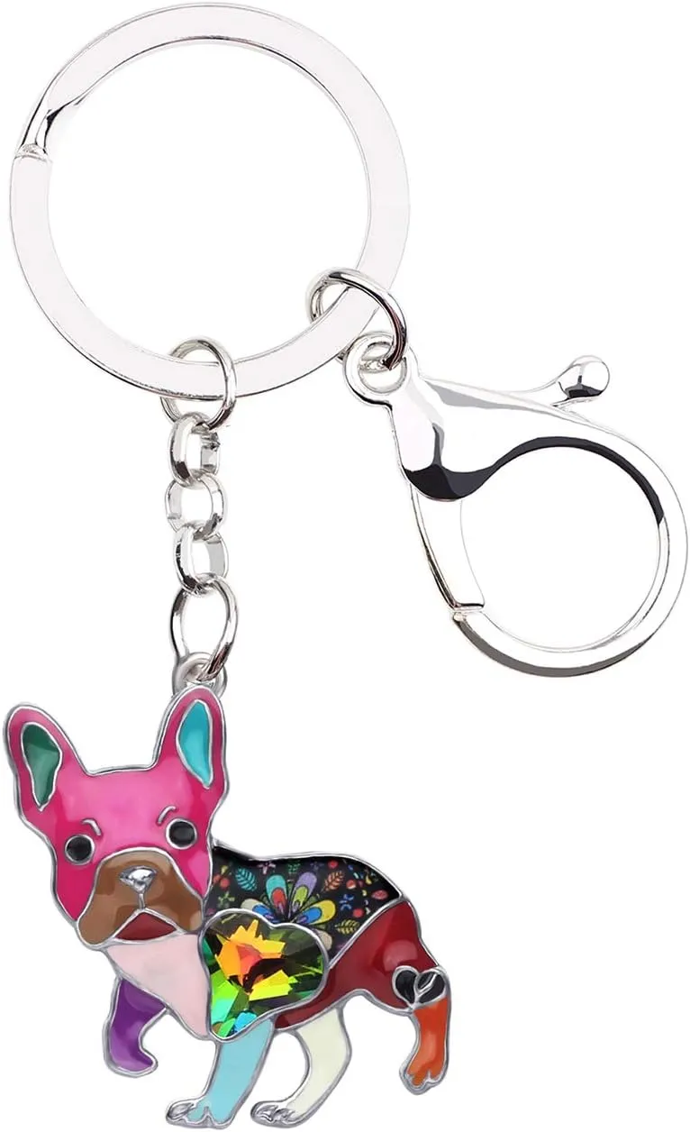 BONSNY Enamel Metal Heart Rhinestone French Bulldog Key Chains For Women Kids Car Purse bag Rings Charms Pets Gift