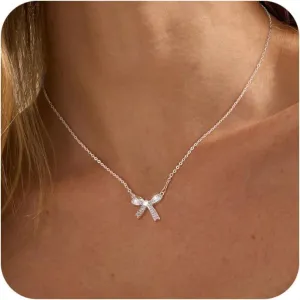 Bow Necklace for Women, Dainty 14K Gold/Silver Plated Bowknot Choker Necklace for Women Beads Chain Cute Pendant Necklaces Fashion Jewelry Christmas Gifts