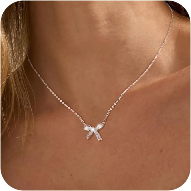 Bow Necklace for Women, Dainty 14K Gold/Silver Plated Bowknot Choker Necklace for Women Beads Chain Cute Pendant Necklaces Fashion Jewelry Christmas Gifts