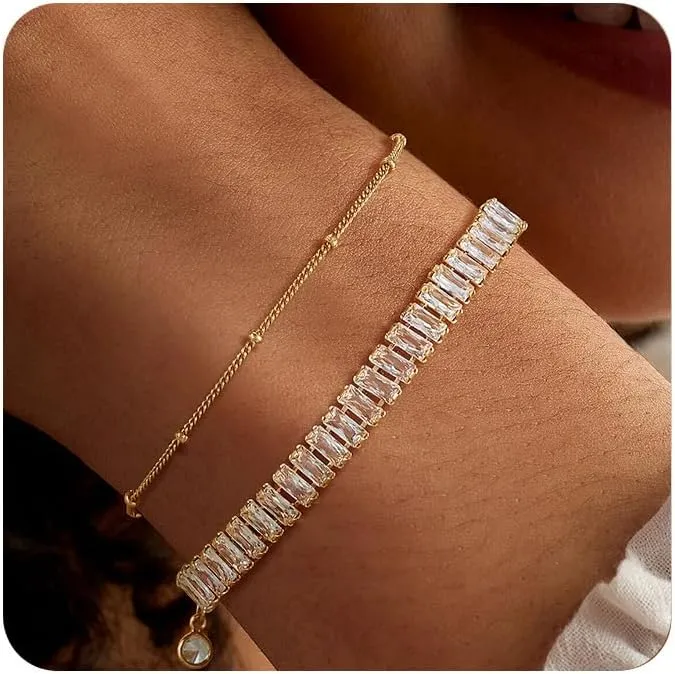 Bracelet for Women Gold Layered Set 14K Gold Filled Stackable Bracelets Trendy Figaro Satellite Chain Cuban Link Minimalist Dainty Bracelet Tennis Bracelet Jewelry