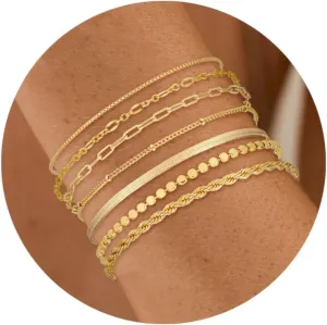 Bracelets for Women Trendy 14K Real Gold Silver Plated Bracelets Stack Dainty Jewelry Sets Adjustable Layered Link Chain Waterproof Bracelet Pack Non Tarnish Simple Fashion Gifts