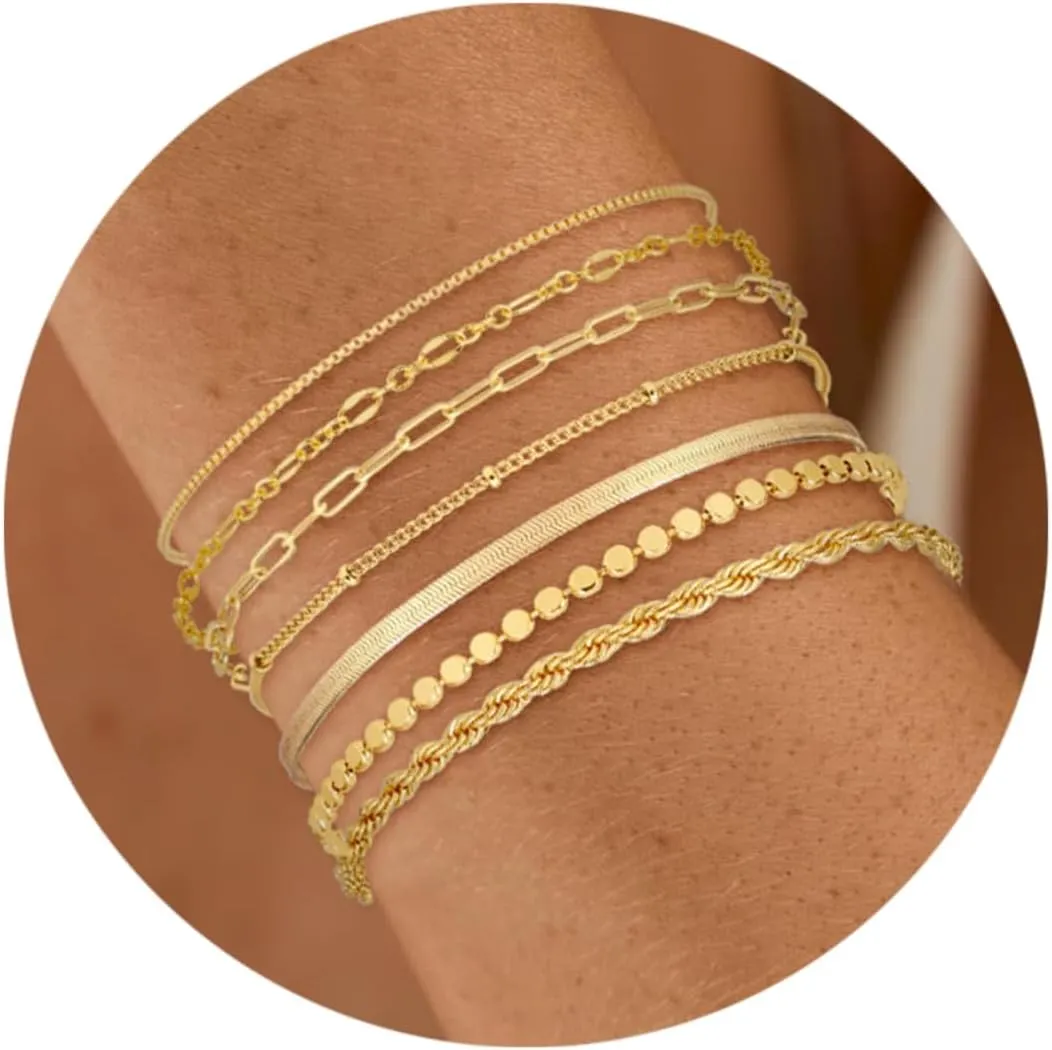 Bracelets for Women Trendy 14K Real Gold Silver Plated Bracelets Stack Dainty Jewelry Sets Adjustable Layered Link Chain Waterproof Bracelet Pack Non Tarnish Simple Fashion Gifts