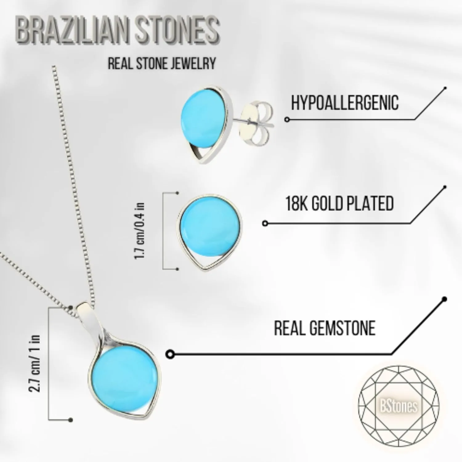 Brazilian Designed Gold Plated Earrings and Necklace with gemstones - Comfy Hypoallergenic Statement Jewelry set for Women 3/4 inch (1,8 cm) made in Brazil