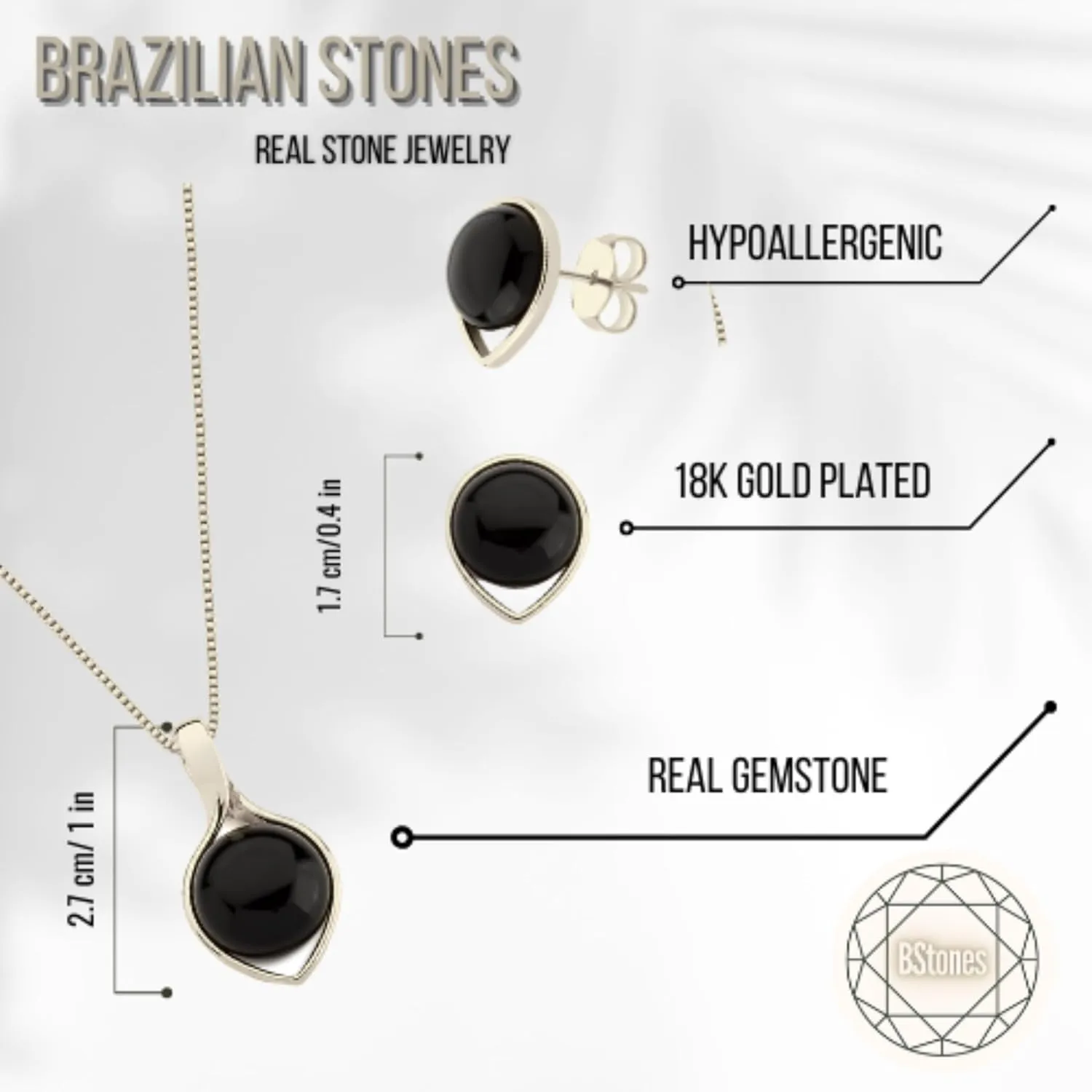 Brazilian Designed Gold Plated Earrings and Necklace with gemstones - Comfy Hypoallergenic Statement Jewelry set for Women 3/4 inch (1,8 cm) made in Brazil