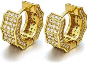 Brilliant Unisex Honey Comb Set Flower Set 3D Fully Iced Cz Unique Men Women 14K Yellow Gold Plated 925 Sterling Silver Small Hoops Cubic Zirconia Hypoallergenic Huggie Hoop Earrings