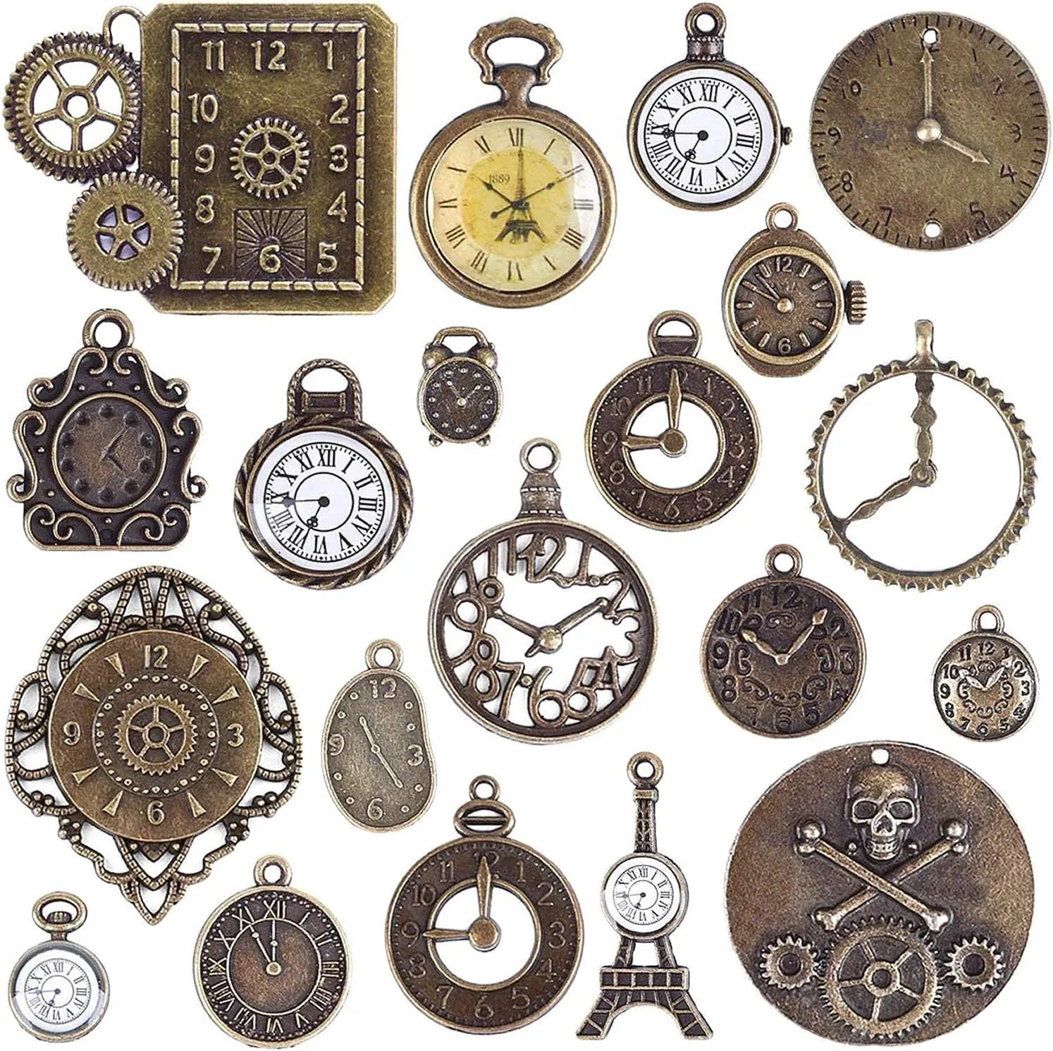 BronaGrand 20pcs Mixed Antiqued Bronze Charms Clock Face Charm Pendant, DIY Crafts, Gears, Jewelry Making, Steampunk Pendants