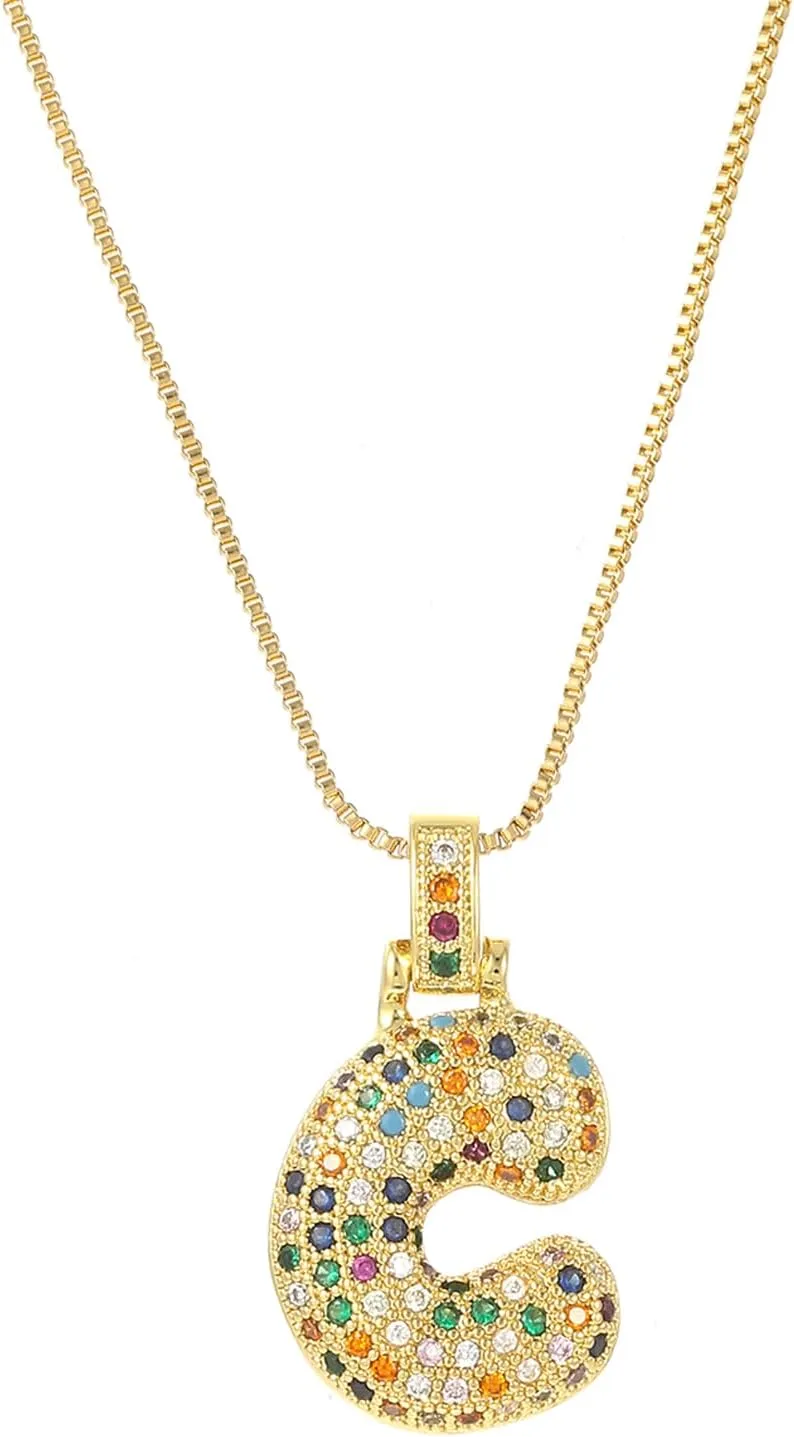 Bubble Gold Initial Necklace for Women, Bubble Letter Necklaces for Women, Bubble Colorful Rhinestone Letter Initial Necklace. Initial Bubble Pendant Crystal Jewelry Gift for Teen Girls
