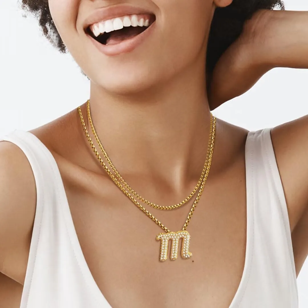 Bubble Letter Necklace Gold for Women, 14K Gold Plated Initial Necklace, Chunky Balloon Pendant Necklace, Dainty Alphabet A-Z Name Necklace, Diamond Necklace and Earrings Set for Women