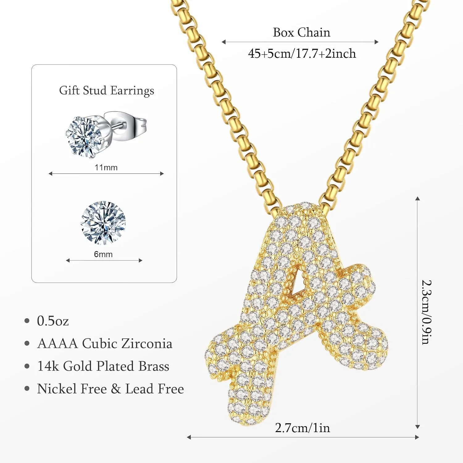 Bubble Letter Necklace Gold for Women, 14K Gold Plated Initial Necklace, Chunky Balloon Pendant Necklace, Dainty Alphabet A-Z Name Necklace, Diamond Necklace and Earrings Set for Women