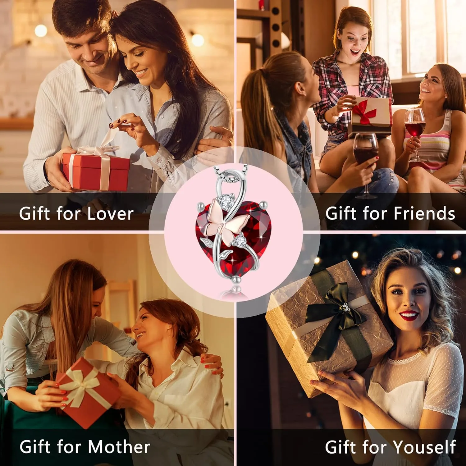 Butterfly Heart Necklaces for Women, 925 Sterling Silver 5A Cubic Zirconia Birthstone Pendant Jewelry Gifts, Anniversary Birthday Christmas Gifts for her