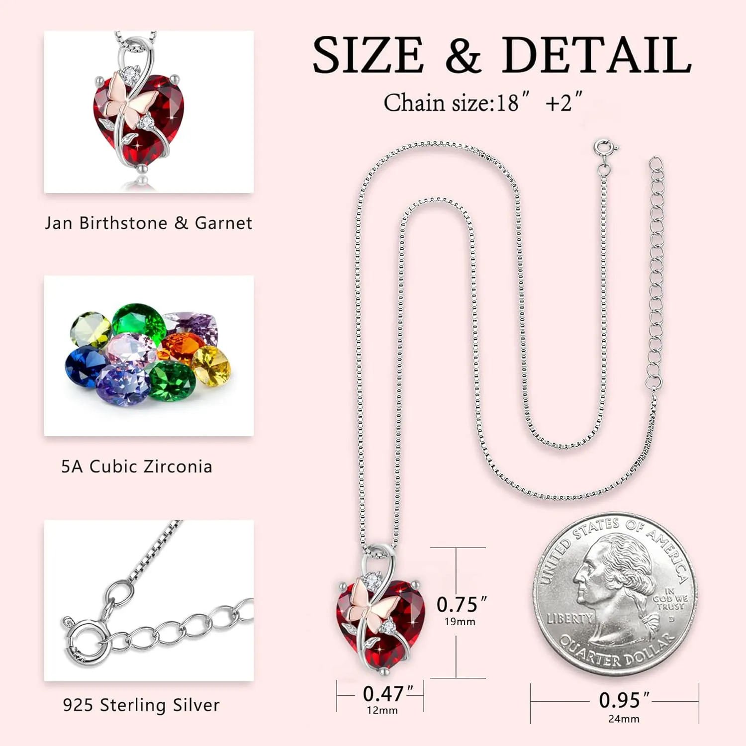 Butterfly Heart Necklaces for Women, 925 Sterling Silver 5A Cubic Zirconia Birthstone Pendant Jewelry Gifts, Anniversary Birthday Christmas Gifts for her