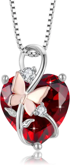 Butterfly Heart Necklaces for Women, 925 Sterling Silver 5A Cubic Zirconia Birthstone Pendant Jewelry Gifts, Anniversary Birthday Christmas Gifts for her