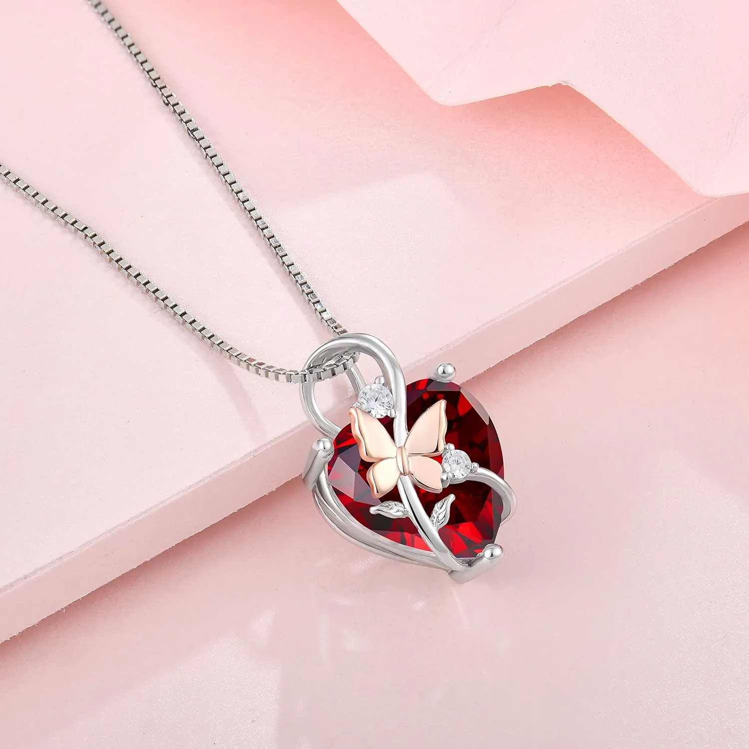 Butterfly Heart Necklaces for Women, 925 Sterling Silver 5A Cubic Zirconia Birthstone Pendant Jewelry Gifts, Anniversary Birthday Christmas Gifts for her