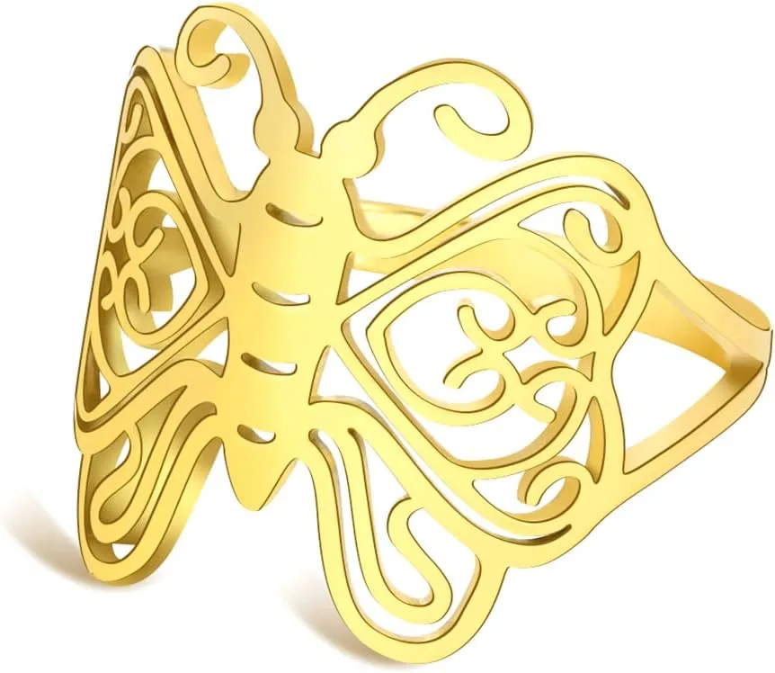 Butterfly Ring Cute Butterfly Band Rings Stainless Steel Filigree Women' Ring Wedding Statement Promise Band Ring Jewelry for Women Couple Size 7-10 Silver/Gold (10, Butterfly-Gold)