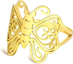 Butterfly Ring Cute Butterfly Band Rings Stainless Steel Filigree Women' Ring Wedding Statement Promise Band Ring Jewelry for Women Couple Size 7-10 Silver/Gold (10, Butterfly-Gold)