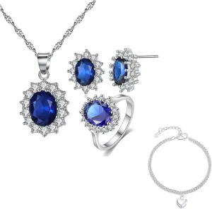CARLIEN Jewelry Set Silver Sparkling Blue Crystal Zirconia Crystal Pendant Necklace Earrings Adjustable Rings Jewelry Chains Bracelet Gift for Her Birthday Christmas