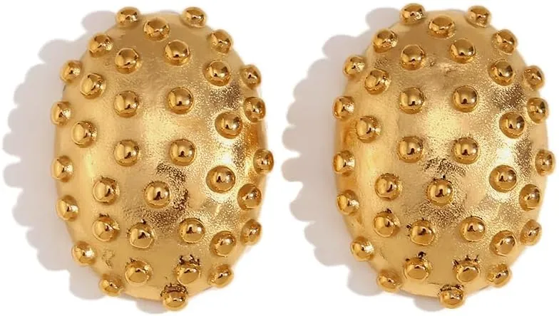 Cata Oval Beaded Stud Earrings - Gold Plated Stainless Steel Jewelry - Chunky Earrings