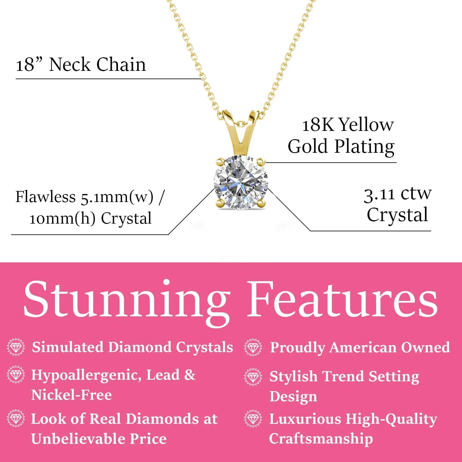 Cate & Chloe Faye Loyal Solitaire Pendant Necklace, Women's 18k White Gold Plated Necklace with Large Sparkling Solitaire Round Cut Crystal, Silver Pendant Necklace for Women