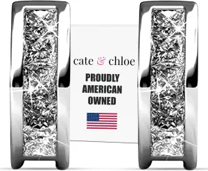 Cate & Chloe Giselle 18k White Gold Hoop Earrings for Women | Silver Huggies | Hypoallergenic Silver Hoop Earrings for Women & Girls | Simulated Diamond Crystal Huggie Hoops