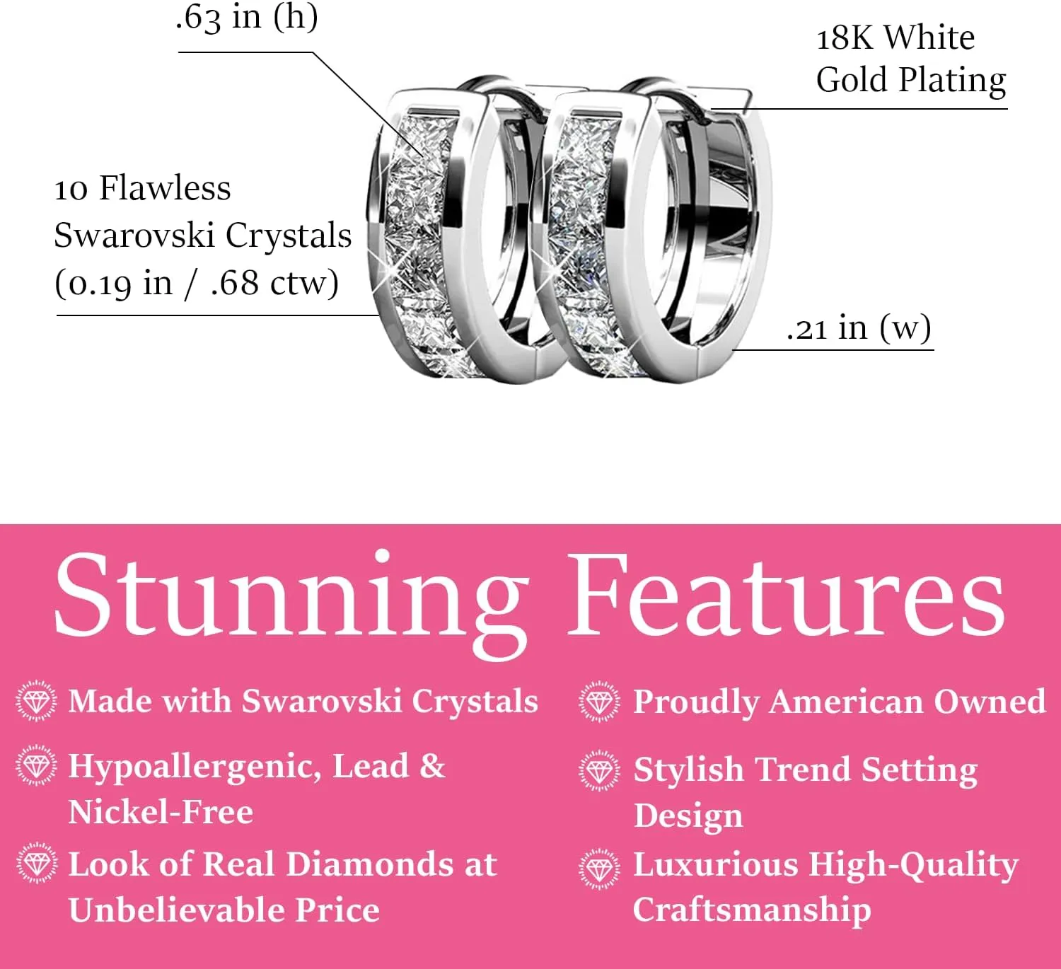 Cate & Chloe Giselle 18k White Gold Hoop Earrings for Women | Silver Huggies | Hypoallergenic Silver Hoop Earrings for Women & Girls | Simulated Diamond Crystal Huggie Hoops