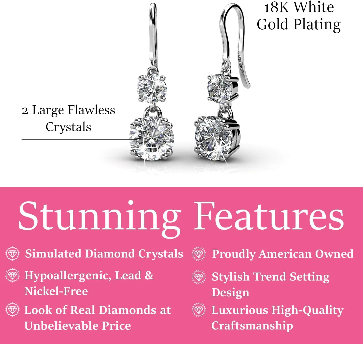 Cate & Chloe Kadence White Gold Dangle Earrings, 18k White Gold Plated Earrings with Crystals, Women's Round Cut Crystal Earrings