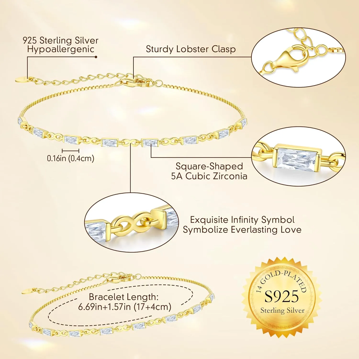 CDE 925 Sterling Silver Birthstone Bracelets for Women Dainty Simple Link Charm Infinity Tennis Bracelet Birthday Anniversary Valentine's Mother's Day Gifts for Mom Wife Her, Chain Length 6.7 1.6