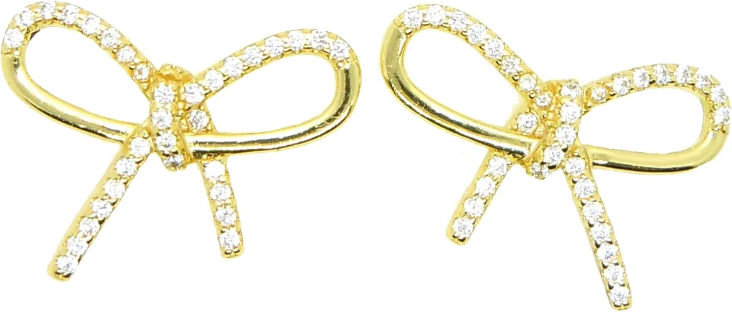 Charlotte & Lexi Gold Plated Sterling Silver Bow Stud Earrings, Cubic Zirconia