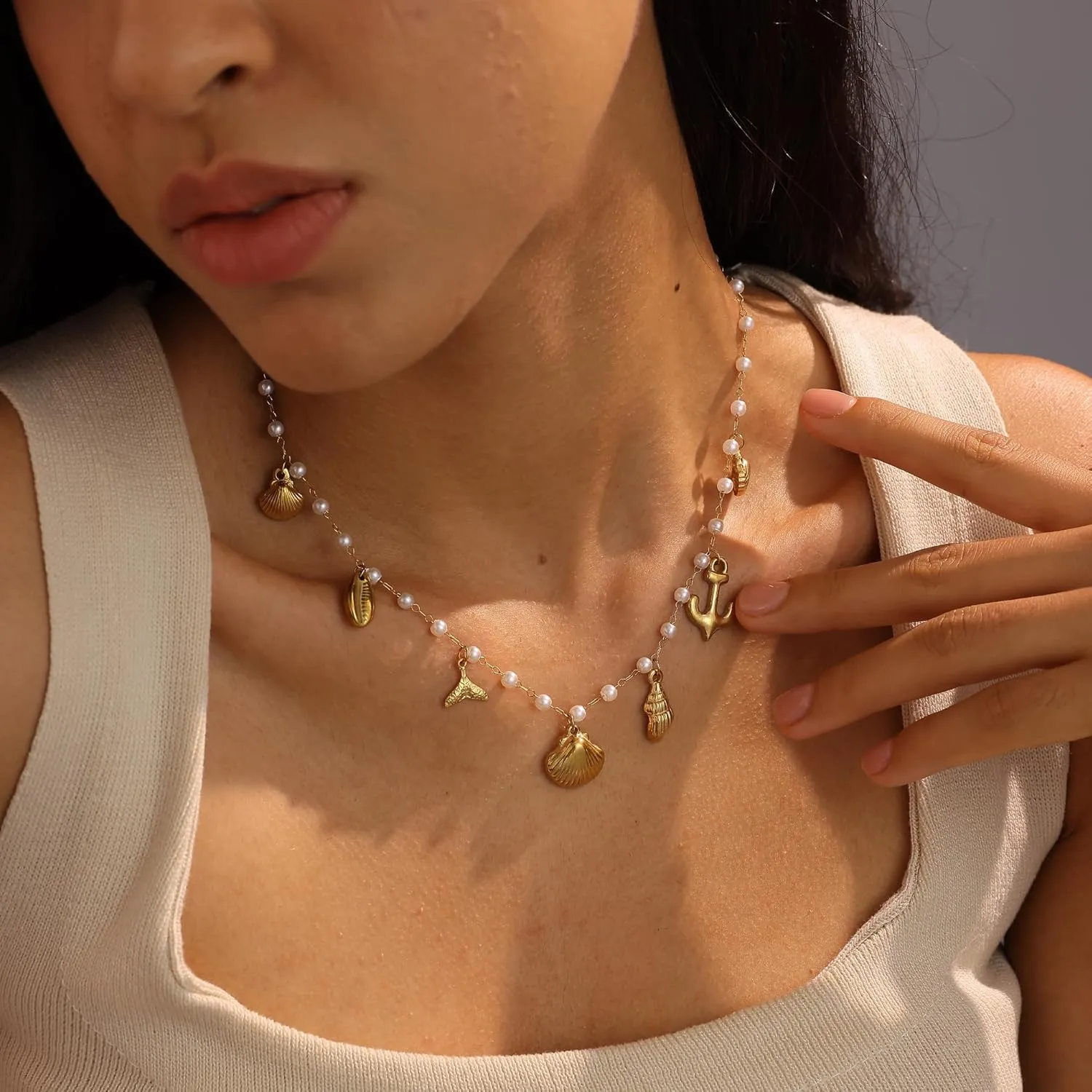 Charm Necklace for Women Trendy,Dainty Seashell Starfish Necklace 14k Gold Plated Pearl Charm Necklaces Waterproof Charms Beach Jewelry for Women
