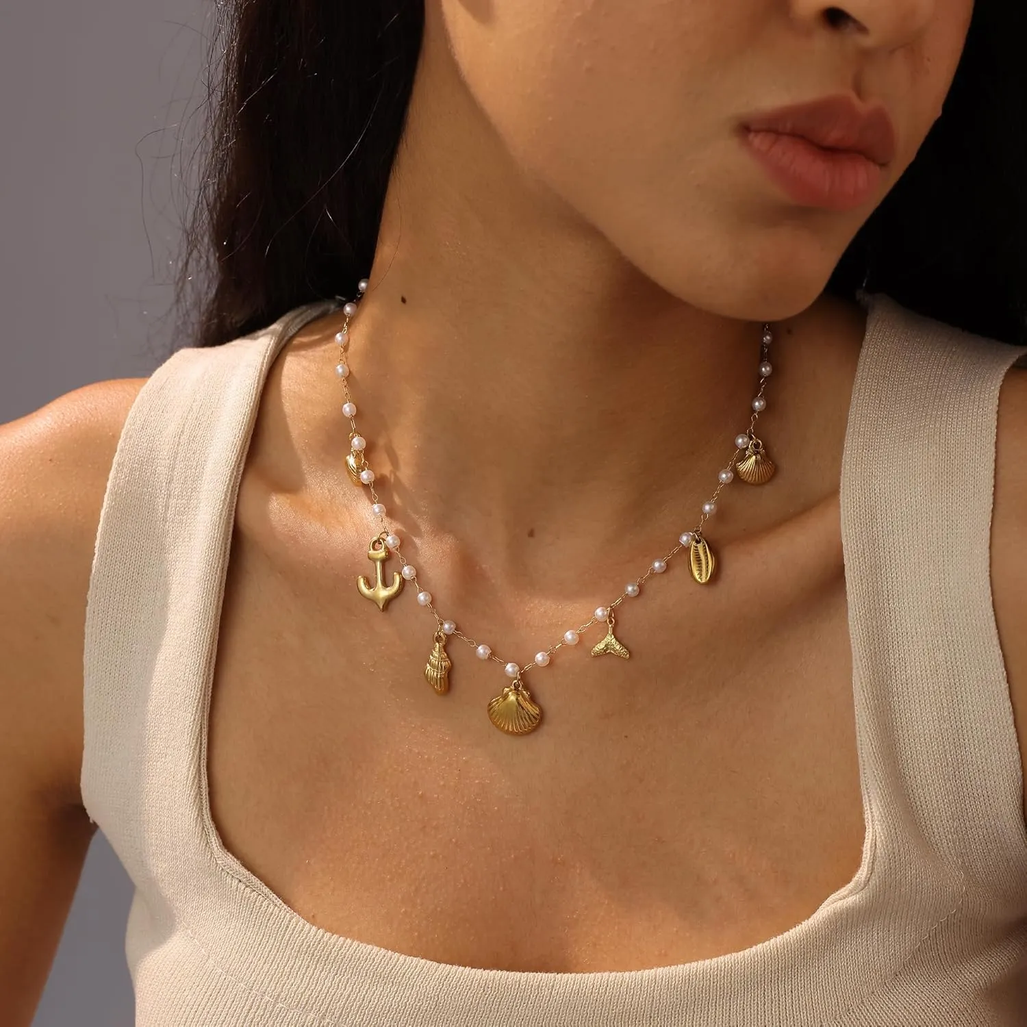 Charm Necklace for Women Trendy,Dainty Seashell Starfish Necklace 14k Gold Plated Pearl Charm Necklaces Waterproof Charms Beach Jewelry for Women