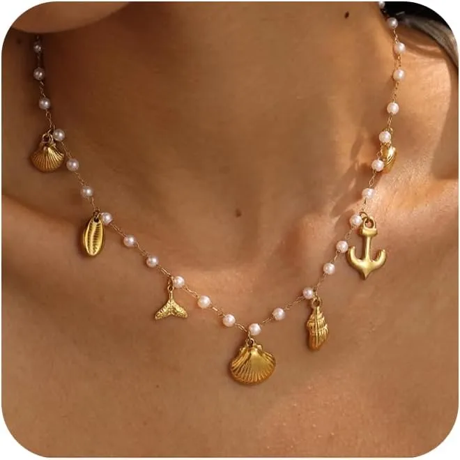 Charm Necklace for Women Trendy,Dainty Seashell Starfish Necklace 14k Gold Plated Pearl Charm Necklaces Waterproof Charms Beach Jewelry for Women