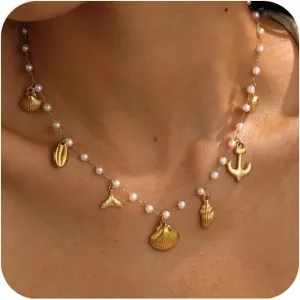 Charm Necklace for Women Trendy,Dainty Seashell Starfish Necklace 14k Gold Plated Pearl Charm Necklaces Waterproof Charms Beach Jewelry for Women