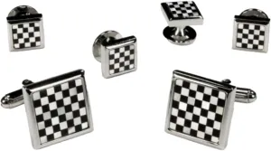 Checkered Studs and Cufflinks Set Silver Trim
