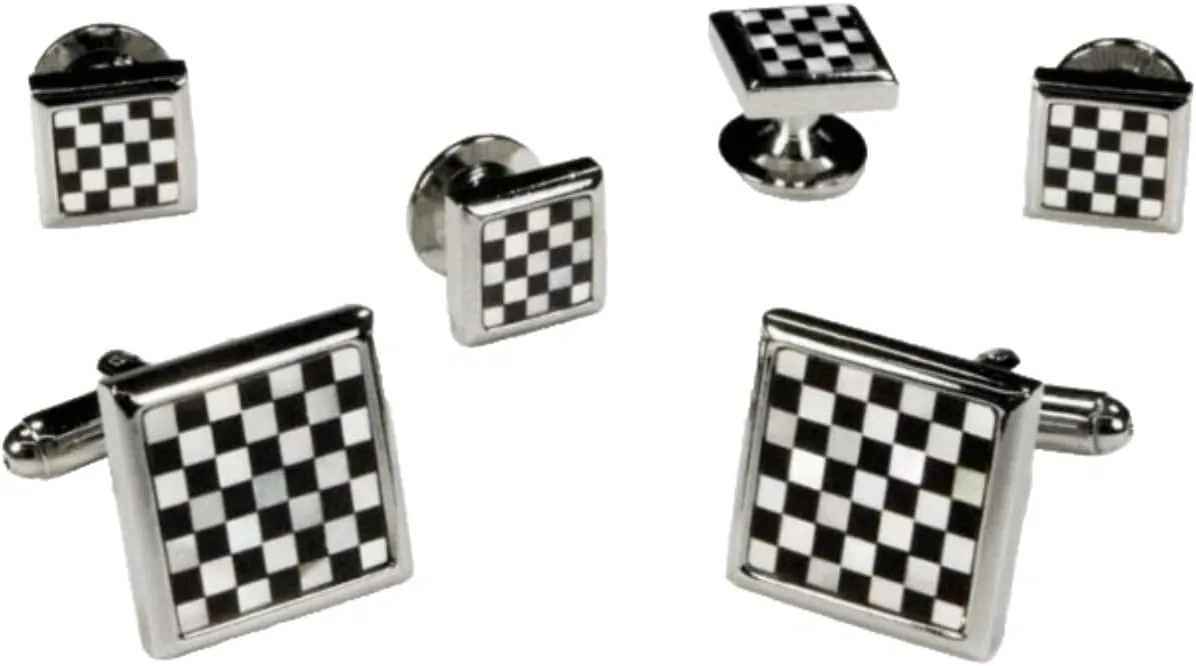 Checkered Studs and Cufflinks Set Silver Trim