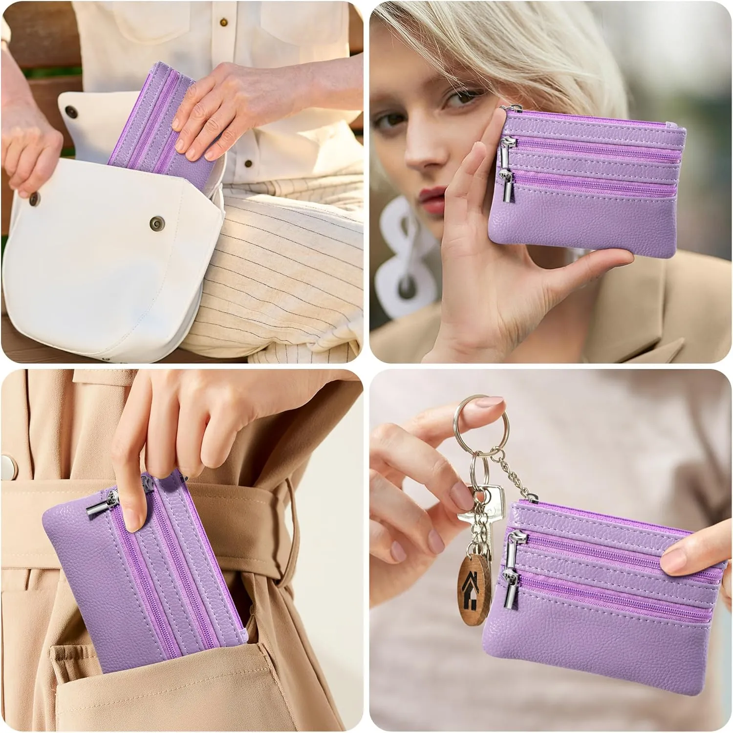 Chelmon 2 Pack Coin Purse Pouch Change Card Holder Small Wallet with Keychain for Women and Men (Light Purple & Light Purple)