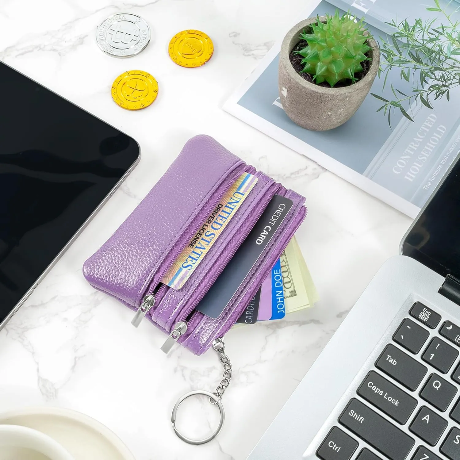 Chelmon 2 Pack Coin Purse Pouch Change Card Holder Small Wallet with Keychain for Women and Men (Light Purple & Light Purple)