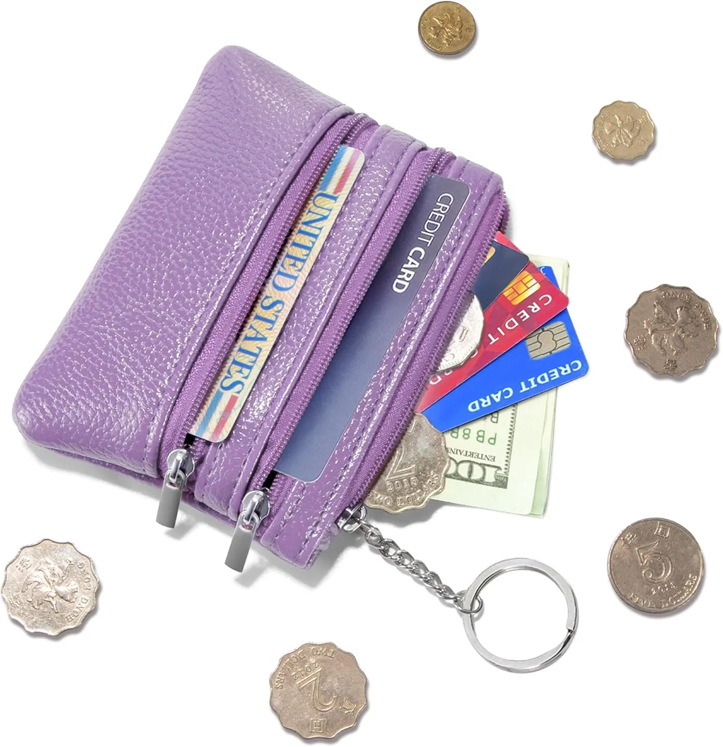 Chelmon 2 Pack Coin Purse Pouch Change Card Holder Small Wallet with Keychain for Women and Men (Light Purple & Light Purple)